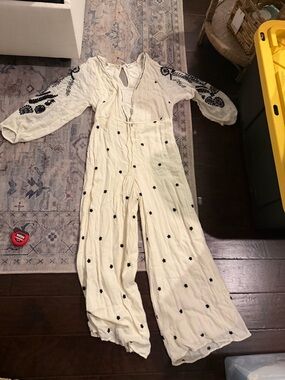 Free People Cream Black Embroidered Wide-Leg Jumpsuit ankles size XS